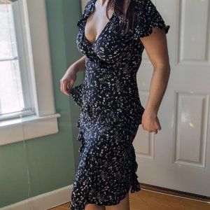 Joie Orita Floral Ruffle Midi Dress in Caviar Black